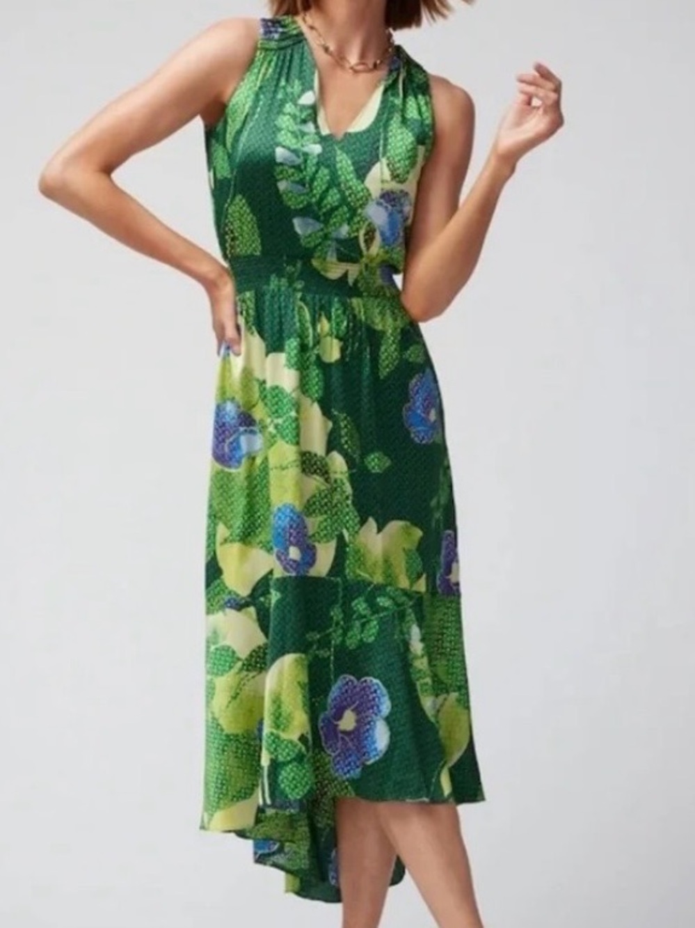 White House Black Market Sleeveless Green Floral Botanical  Hi/Lo Dress Size M